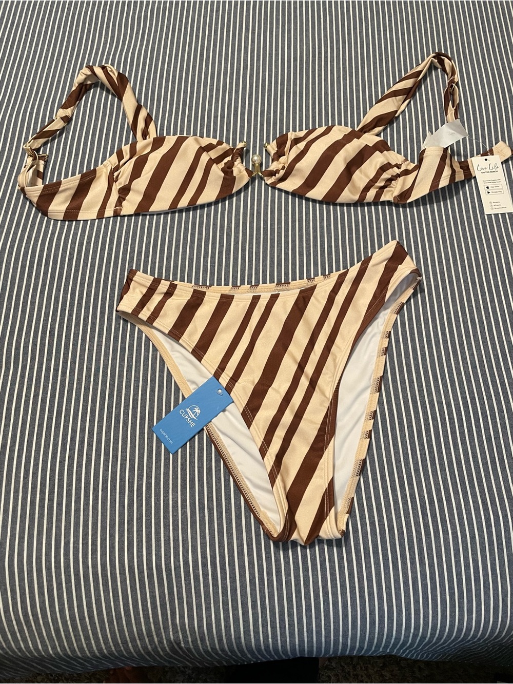 Cupshe Cream and Brown Striped Bikini Set